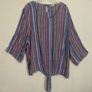 Tea Rose Size 3X BOHO Vertical Striped Flare Sleeve Front Tie Tunic Blouse